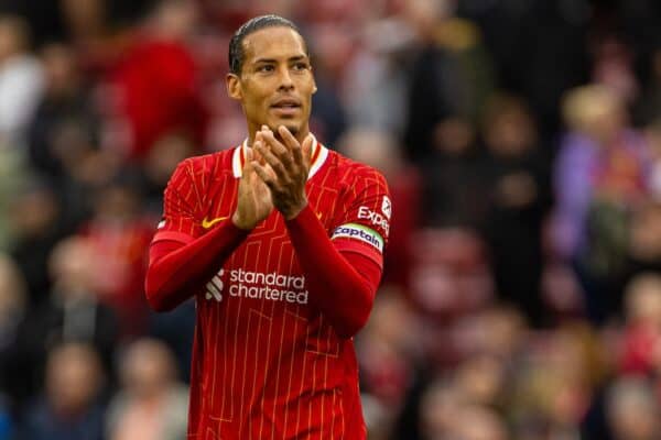 LIVERPOOL, ENGLAND - Sunday, August 25, 2024: Liverpool's captain Virgil van Dijk applauds the supporters after the FA Premier League match between Liverpool FC and Brentford FC at Anfield. Liverpool won 2-0. (Photo by David Rawcliffe/Propaganda)