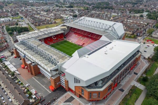 LIVERPOOL, ENGLAND - Saturday, August 31, 2024: An aerial view of Anfield, the home stadium of Liverpool Football Club, showing the newly redeveloped Anfield Road stand. The redevelopment of the stand saw an additional 7,000 more seats added taking Anfield's overall capacity to more than 61,000. (Photo by David Rawcliffe/Propaganda)