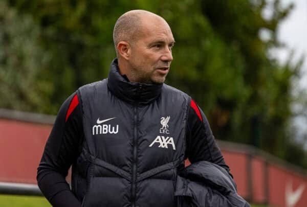 KIRKBY, ENGLAND - Wednesday, August 28, 2024: Liverpool's Under-18's head coach Marc Bridge-Wilkinson during the Under-18's Premier League Cup match between Liverpool FC Under-18's and Arsenal FC Under-18's at the Liverpool Academy. Arsenal won 5-3. (Photo by David Rawcliffe/Propaganda)