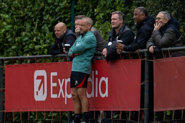 KIRKBY, ENGLAND - Wednesday August 28, 2024: Liverpool's Rob Jones (LR), Jay Spearing, Alex Inglethorpe, John Barnes, Hugh McAuley during the Premier League Under-18 Cup match between the Under-18s Liverpool FC and Arsenal FC Under-18s at the Liverpool Academy. Arsenal won 5-3. (Photo by David Rawcliffe/Propaganda)