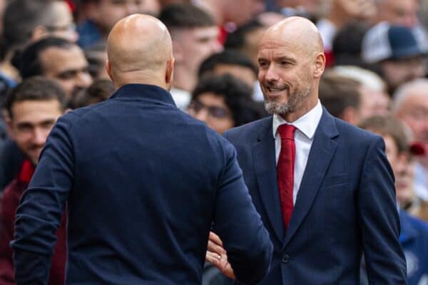 MANCHESTER, ENGLAND - Sunday, September 1, 2024: Manchester United's manager Erik ten Hag (R) shakes hands with Liverpool's head coach Arne Slot during the FA Premier League match between Manchester United FC and Liverpool FC at Old Trafford. Liverpool won 3-0. (Photo by David Rawcliffe/Propaganda)