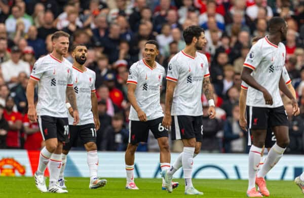 MANCHESTER, ENGLAND - Sunday, September 1, 2024: Liverpool's Trent Alexander-Arnold celebrates after scoring the first goal, but it is later disallowed, during the FA Premier League match between Manchester United FC and Liverpool FC at Old Trafford. Liverpool won 3-0. (Photo by David Rawcliffe/Propaganda)