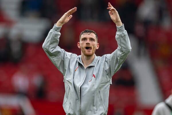 MANCHESTER, ENGLAND - Sunday, September 1, 2024: Liverpool's Andy Robertson celebrates after the FA Premier League match between Manchester United FC and Liverpool FC at Old Trafford. Liverpool won 3-0. (Photo by David Rawcliffe/Propaganda)