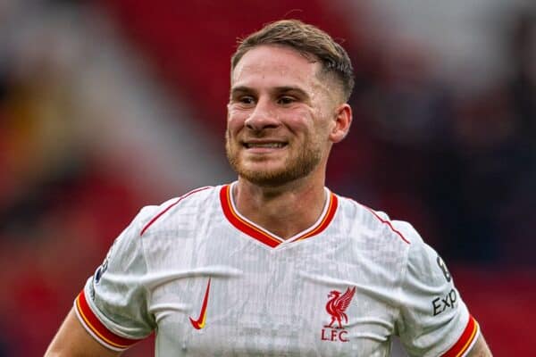 MANCHESTER, ENGLAND - Sunday, September 1, 2024: Liverpool's Alexis Mac Allister celebrates after the FA Premier League match between Manchester United FC and Liverpool FC at Old Trafford. Liverpool won 3-0. (Photo by David Rawcliffe/Propaganda)