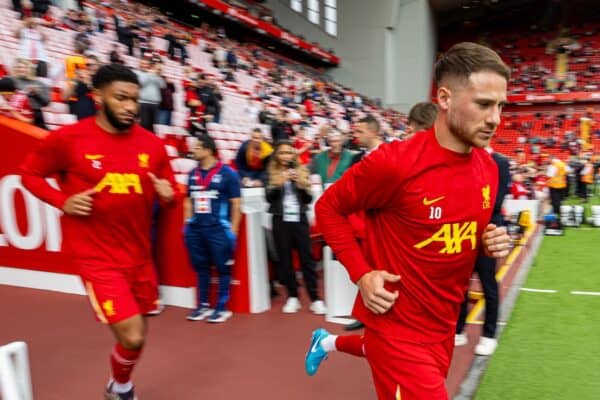 LIVERPOOL, ENGLAND - Saturday, September 14, 2024: Liverpool's Alexis Mac Allister during the pre-match warm-up before the FA Premier League match between Liverpool FC and Nottingham Forest FC at Anfield. Notts Forest won 1-0. (Photo by David Rawcliffe/Propaganda)