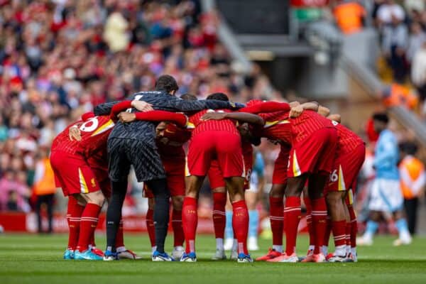 LIVERPOOL, ENGLAND - Saturday, September 14, 2024: Liverpool players form a pre-match huddle before the FA Premier League match between Liverpool FC and Nottingham Forest FC at Anfield. Notts Forest won 1-0. (Photo by David Rawcliffe/Propaganda)