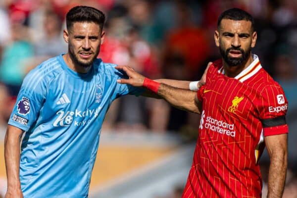 LIVERPOOL, ENGLAND - Saturday, September 14, 2024: Nottingham Forest's Àlex Moreno (L) and Liverpool's Mohamed Salah during the FA Premier League match between Liverpool FC and Nottingham Forest FC at Anfield. Notts Forest won 1-0. (Photo by David Rawcliffe/Propaganda)