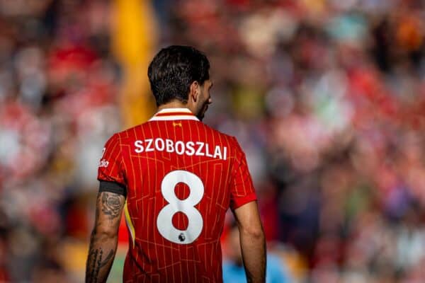 LIVERPOOL, ENGLAND - Saturday, September 14, 2024: Liverpool's Dominik Szoboszlai during the FA Premier League match between Liverpool FC and Nottingham Forest FC at Anfield. Notts Forest won 1-0. (Photo by David Rawcliffe/Propaganda)