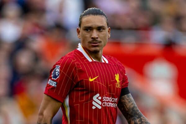 LIVERPOOL, ENGLAND - Saturday, September 14, 2024: Liverpool's Darwin Núñez during the FA Premier League match between Liverpool FC and Nottingham Forest FC at Anfield. Notts Forest won 1-0. (Photo by David Rawcliffe/Propaganda)