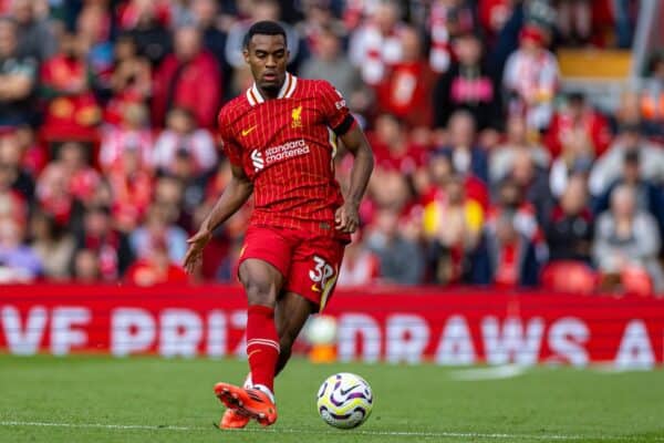 LIVERPOOL, INGHILTERRA - Sabato 14 settembre 2024: Ryan Gravenberch del Liverpool durante la partita della FA Premier League tra Liverpool FC e Nottingham Forest FC ad Anfield. Il Notts Forest ha vinto 1-0. (Foto di David Rawcliffe/Propaganda)