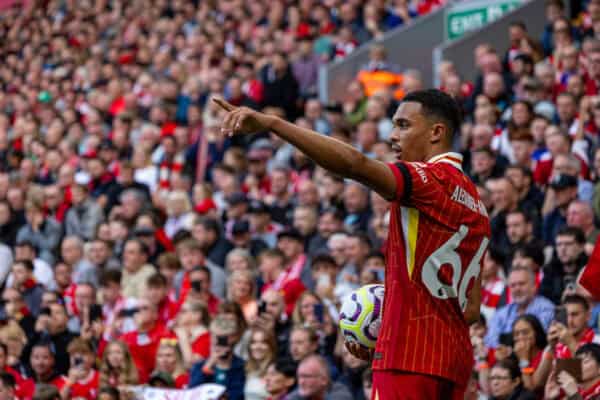 LIVERPOOL, INGHILTERRA - Sabato 14 settembre 2024: Trent Alexander-Arnold del Liverpool durante la partita della FA Premier League tra Liverpool FC e Nottingham Forest FC ad Anfield. Il Notts Forest ha vinto 1-0. (Foto di David Rawcliffe/Propaganda)