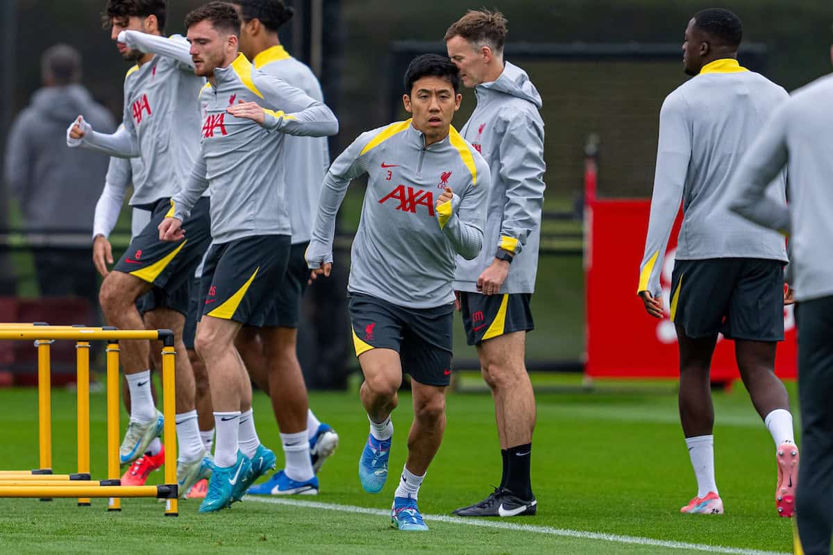 LIVERPOOL, INGHILTERRA - Lunedì 16 settembre 2024: Wataru End del Liverpool? durante una seduta di allenamento presso l'AXA Training Center in vista della partita di UEFA Champions League tra AC Milan e Liverpool FC. (Foto di Jon Super/Propaganda)