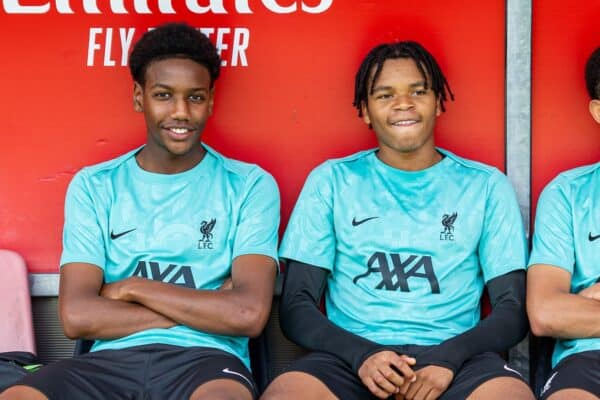 MILAN, ITALY - Tuesday, September 17, 2024: Liverpool's substitute Rio Ngumoha (2nd from L) on the bench with Alvin Ayman before the UEFA Youth League match day 1 game between AC Milan Under-19's and Liverpool FC Under-19's at Centro Sportivo Vismara. The game ended 0-0. (Photo by David Rawcliffe/Propaganda)