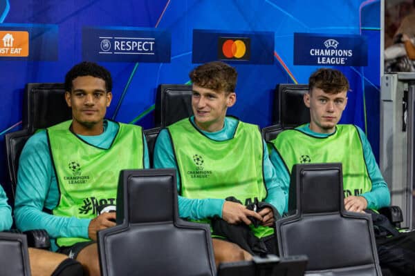 MILAN, ITALY - Tuesday, September 17, 2024: Liverpool substitutes (L-R) Jarell Quansah, Tyler Morton and Conor Bradley on the bench before the UEFA Champions League game between AC Milan and Liverpool FC at the Stadio San Siro. Liverpool won 3-1. (Photo by David Rawcliffe/Propaganda)