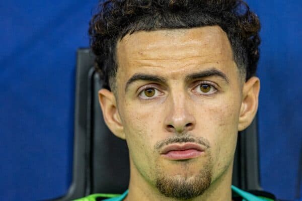 MILAN, ITALY - Tuesday, September 17, 2024: Liverpool substitute Curtis Jones on the bench before the UEFA Champions League game between AC Milan and Liverpool FC at the Stadio San Siro. Liverpool won 3-1. (Photo by David Rawcliffe/Propaganda)