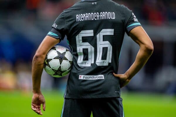 MILAN, ITALY - Tuesday, September 17, 2024: Liverpool's Trent Alexander-Arnold holds the official Adidas match ball during the UEFA Champions League game between AC Milan and Liverpool FC at the Stadio San Siro. Liverpool won 3-1. (Photo by David Rawcliffe/Propaganda)