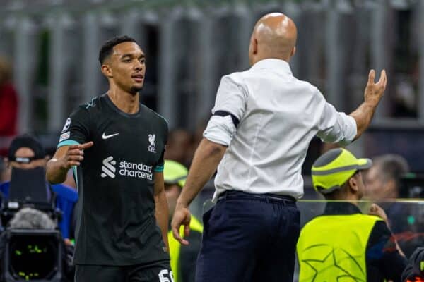 MILAN, ITALY - Tuesday, September 17, 2024: Liverpool's Trent Alexander-Arnold is substituted by head coach Arne Slot during the UEFA Champions League game between AC Milan and Liverpool FC at the Stadio San Siro. Liverpool won 3-1. (Photo by David Rawcliffe/Propaganda)