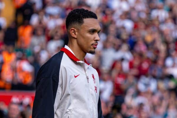 LIVERPOOL, ENGLAND - Saturday, September 21, 2024: Liverpool's Trent Alexander-Arnold walks out matchday lineup before the FA Premier League match between Liverpool FC and AFC Bournemouth at Anfield. Liverpool won 3-0. (Photo by David Rawcliffe/Propaganda)