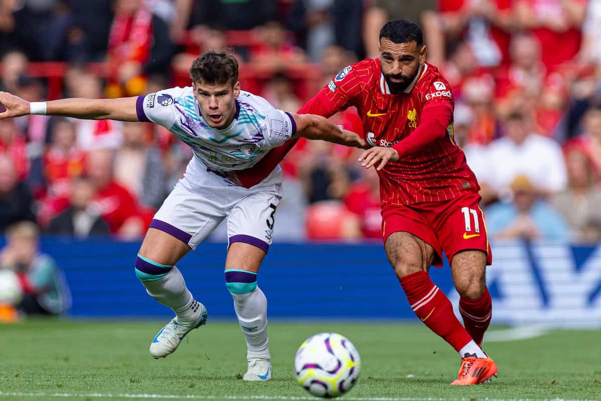 LIVERPOOL, ENGLAND - Saturday, September 21, 2024: Liverpool's Mohamed Salah (R) is challenged by AFC Bournemouth's Milos Kerkez during the FA Premier League match between Liverpool FC and AFC Bournemouth at Anfield. Liverpool won 3-0. (Photo by David Rawcliffe/Propaganda)