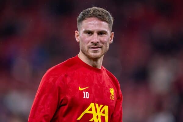 LIVERPOOL, ENGLAND - Wednesday, September 25, 2024: Liverpool's Alexis Mac Allister during the pre-match warm-up before the Football League Cup 3rd Round match between Liverpool FC and West Ham United FC at Anfield. Liverpool won 5-1. (Photo by Ryan Brown/Propaganda)