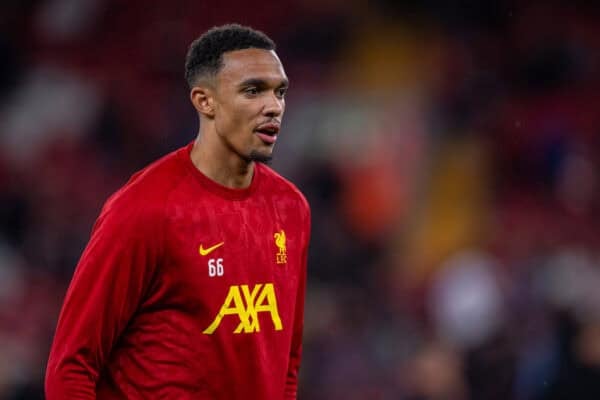 LIVERPOOL, ENGLAND - Wednesday, September 25, 2024: Liverpool's Trent Alexander-Arnold during the pre-match warm-up before the Football League Cup 3rd Round match between Liverpool FC and West Ham United FC at Anfield. Liverpool won 5-1. (Photo by Ryan Brown/Propaganda)