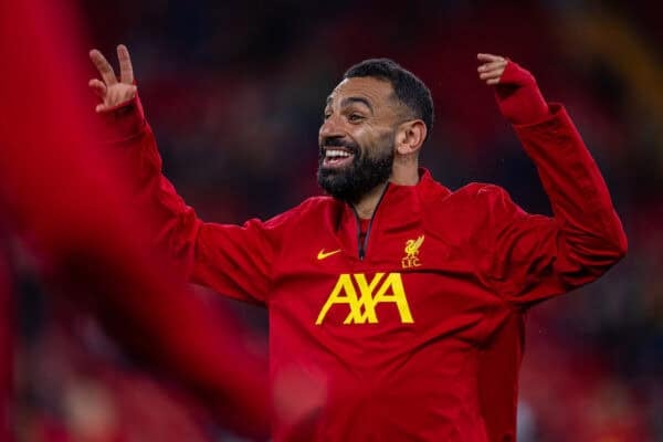 LIVERPOOL, ENGLAND - Wednesday, September 25, 2024: Liverpool's Mohamed Salah during the pre-match warm-up before the Football League Cup 3rd Round match between Liverpool FC and West Ham United FC at Anfield. Liverpool won 5-1. (Photo by Ryan Brown/Propaganda)