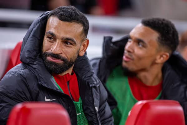 LIVERPOOL, ENGLAND - Wednesday, September 25, 2024: Liverpool's substitute Mohamed Salah on the bench before the Football League Cup 3rd Round match between Liverpool FC and West Ham United FC at Anfield. Liverpool won 5-1. (Photo by Ryan Brown/Propaganda)