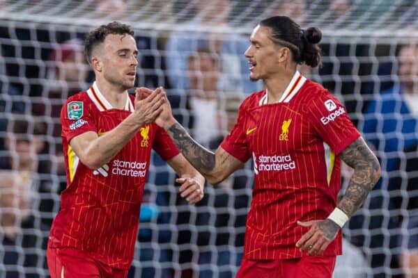 LIVERPOOL, ENGLAND - Wednesday, September 25, 2024: Liverpool's Diogo Jota (L) celebrates with team-mate Darwin Núñez after scoring his side's first equalising goal during the Football League Cup 3rd Round match between Liverpool FC and West Ham United FC at Anfield. Liverpool won 5-1. (Photo by Ryan Brown/Propaganda)