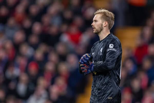 LIVERPOOL, ENGLAND - Wednesday, September 25, 2024: Liverpool's goalkeeper Caoimhin Kelleher during the Football League Cup 3rd Round match between Liverpool FC and West Ham United FC at Anfield. Liverpool won 5-1. (Photo by Ryan Brown/Propaganda)