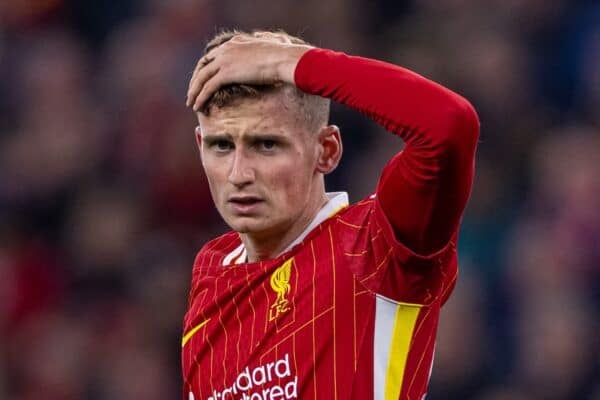 LIVERPOOL, ENGLAND - Wednesday, September 25, 2024: Liverpool's Tyler Morton during the Football League Cup 3rd Round match between Liverpool FC and West Ham United FC at Anfield. Liverpool won 5-1. (Photo by Ryan Brown/Propaganda)