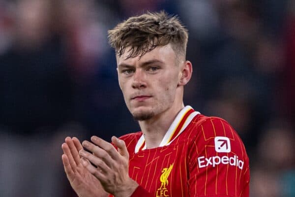 LIVERPOOL, ENGLAND - Wednesday, September 25, 2024: Liverpool's Conor Bradley applauds the supporters after the Football League Cup 3rd Round match between Liverpool FC and West Ham United FC at Anfield. Liverpool won 5-1. (Photo by Ryan Brown/Propaganda)