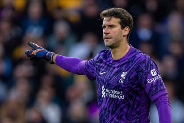 WOLVERHAMPTON, ENGLAND - Saturday, September 28, 2024: Liverpool's goalkeeper Alisson Becker during the FA Premier League match between Wolverhampton Wanderers FC and Liverpool FC at Molineux Stadium. (Photo by David Rawcliffe/Propaganda)