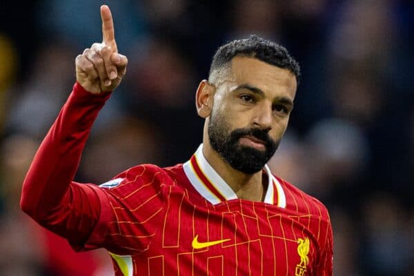 WOLVERHAMPTON, ENGLAND - Saturday, September 28, 2024: Liverpool's Mohamed Salah celebrates after scoring his side's second goal, from a penalty kick, during the FA Premier League match between Wolverhampton Wanderers FC and Liverpool FC at Molineux Stadium. (Photo by David Rawcliffe/Propaganda)