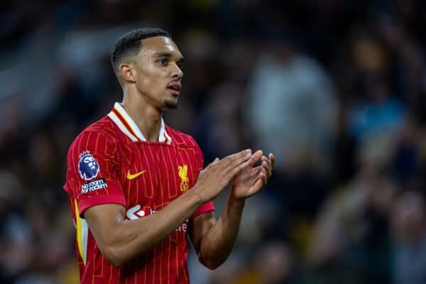 WOLVERHAMPTON, INGGRIS - Sabtu, 28 September 2024: Pemain Liverpool Trent Alexander-Arnold selama pertandingan Liga Premier FA antara Wolverhampton Wanderers FC dan Liverpool FC di Stadion Molineux. (Foto oleh David Rawcliffe/Propaganda)