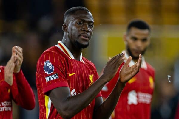 WOLVERHAMPTON, ENGLAND - Saturday, September 28, 2024: Liverpool's Ibrahima Konaté applauds the supporters after the FA Premier League match between Wolverhampton Wanderers FC and Liverpool FC at Molineux Stadium. (Photo by David Rawcliffe/Propaganda)