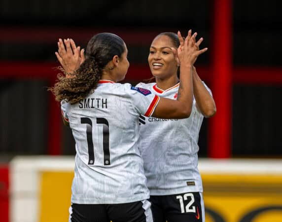 LONDON, ENGLAND - Sunday, September 29, 2024: Liverpool's Olivia Smith (L) celebrates after scoring the first goal with team-mate Taylor Hinds during the FA Women’s Super League game between West Ham United FC Women and Liverpool FC Women at Victoria Road. The game ended in a 1-1 draw. (Photo by David Rawcliffe/Propaganda)