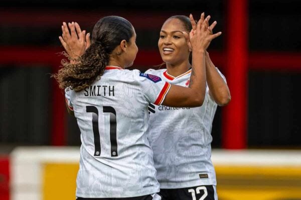 LONDON, ENGLAND - Sunday, September 29, 2024: Liverpool's Olivia Smith (L) celebrates after scoring the first goal with team-mate Taylor Hinds during the FA Women’s Super League game between West Ham United FC Women and Liverpool FC Women at Victoria Road. The game ended in a 1-1 draw. (Photo by David Rawcliffe/Propaganda)