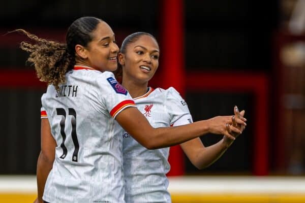 LONDON, ENGLAND - Sunday, September 29, 2024: Liverpool's Olivia Smith (L) celebrates after scoring the first goal with team-mate Taylor Hinds during the FA Women’s Super League game between West Ham United FC Women and Liverpool FC Women at Victoria Road. The game ended in a 1-1 draw. (Photo by David Rawcliffe/Propaganda)