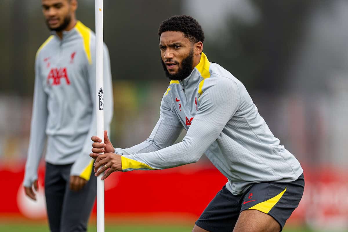 LIVERPOOL, ENGLAND - Tuesday, October 1, 2024: Liverpool's Joe Gomez during a training session at the AXA Training Centre ahead of the UEFA Champions League match between Liverpool FC and Bologna FC. (Photo by David Rawcliffe/Propaganda)