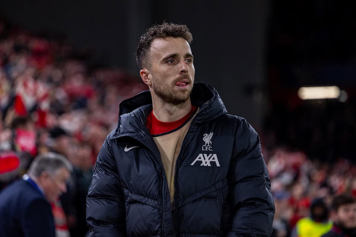 LIVERPOOL, ENGLAND - Wednesday, October 2, 2024: Liverpool's substitute Diogo Jota during the UEFA Champions League game between Liverpool FC and Bologna FC 1909 at Anfield. (Photo by David Rawcliffe/Propaganda)