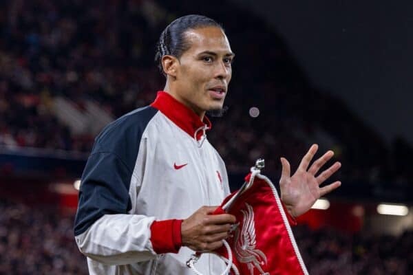 LIVERPOOL, ENGLAND - Wednesday, October 2, 2024: Liverpool's captain Virgil van Dijk leads his side out before the UEFA Champions League game between Liverpool FC and Bologna FC 1909 at Anfield. (Photo by David Rawcliffe/Propaganda)