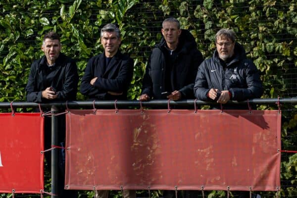 KIRKBY, ENGLAND - Wednesday, October 2, 2024: (L to R) Liverpool's assistant sporting director David Woodfine, sporting director Richard Hughes, chief scout Barry Hunter and FSG head of global goalkeeping Hans Leitert (Photo by David Rawcliffe/Propaganda)