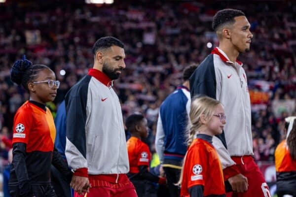 LIVERPOOL, ENGLAND - Wednesday, October 2, 2024: Liverpool's Mohamed Salah walks out before the UEFA Champions League game between Liverpool FC and Bologna FC 1909 at Anfield. (Photo by David Rawcliffe/Propaganda)