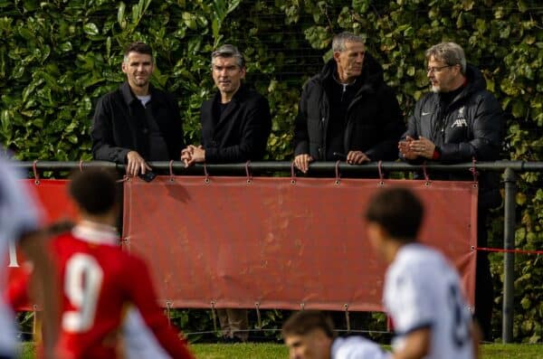 KIRKBY, ENGLAND - Wednesday, October 2, 2024: (L to R) Liverpool's assistant sporting director David Woodfine, sporting director Richard Hughes, chief scout Barry Hunter and FSG head of global goalkeeping Hans Leitert (Photo by David Rawcliffe/Propaganda)