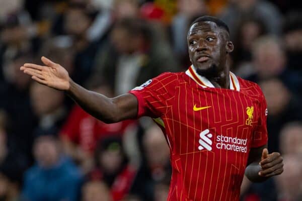 LIVERPOOL, ENGLAND - Wednesday, October 2, 2024: Liverpool's Ibrahima Konaté during the UEFA Champions League game between Liverpool FC and Bologna FC 1909 at Anfield. (Photo by David Rawcliffe/Propaganda)