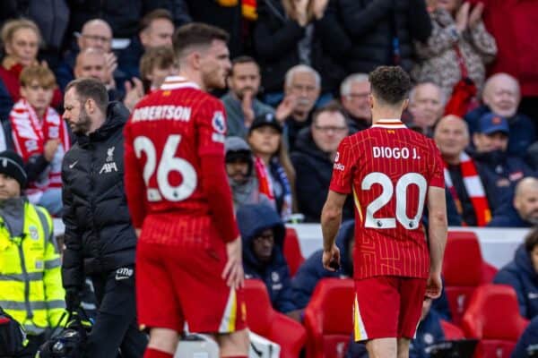 LIVERPOOL, ENGLAND - Saturday, October 19, 2024: Liverpool's Diogo Jota walks off with an injury during the FA Premier League match between Liverpool FC and Chelsea FC at Anfield. Liverpool won 2-1. (Photo by David Rawcliffe/Propaganda)