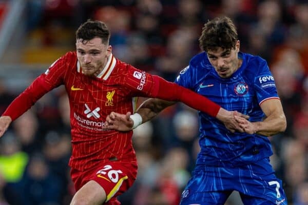 LIVERPOOL, ENGLAND - Sunday, October 20, 2024: Liverpool's Andy Robertson (L) is challenged by Chelsea's Pedro Neto during the FA Premier League match between Liverpool FC and Chelsea FC at Anfield. Liverpool won 2-1. (Photo by David Rawcliffe/Propaganda)