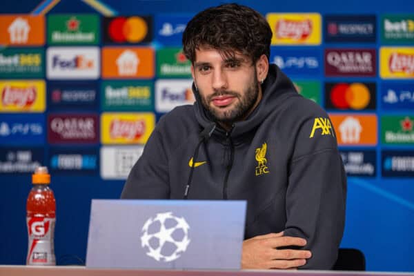 LEIPZIG, GERMANY - Tuesday, October 22, 2024: Liverpool's Dominik Szoboszlai during a press conference at the Red Bull Arena ahead of the UEFA Champions League Match Day 3 game between RB Leipzg and Liverpool FC. (Photo by David Rawcliffe/Propaganda)