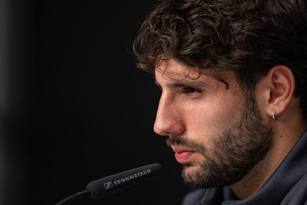 LEIPZIG, GERMANY - Tuesday, October 22, 2024: Liverpool's Dominik Szoboszlai during a press conference at the Red Bull Arena ahead of the UEFA Champions League Match Day 3 game between RB Leipzg and Liverpool FC. (Photo by David Rawcliffe/Propaganda)