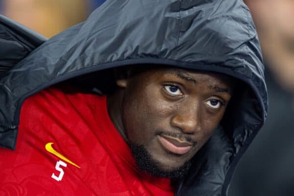 BRIGHTON & HOVE, ENGLAND - Wednesday, October 30, 2024: Liverpool's substitute Ibrahima Konaté on the bench before the Football League Cup 4th Round match between Brighton & Hove Albion FC and Liverpool FC at the AMEX Community Stadium. Liverpool won 3-2. (Photo by David Rawcliffe/Propaganda)